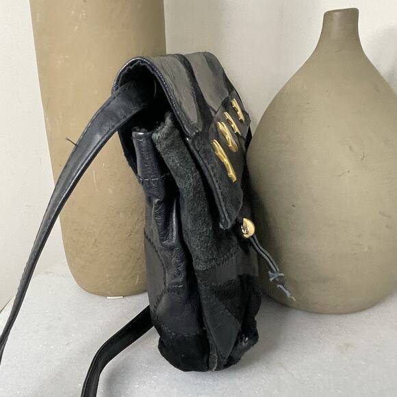 VTG Black Patchwork Boho Leather Suede 80s Shoulder Crossbody Bag Glam Studio 54 - Picture 13 of 16